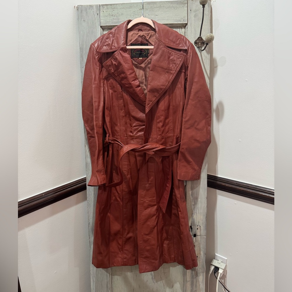 CASABLANCA 1970's Vintage Leather Trench Coat W/Tie Front Size 10